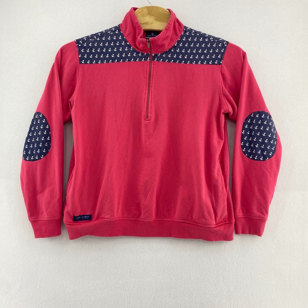 Simply Southern XL Quarter Zip Sweatshirt Pink Navy Anchor Patch Nautical Preppy - Picture 2 of 9
